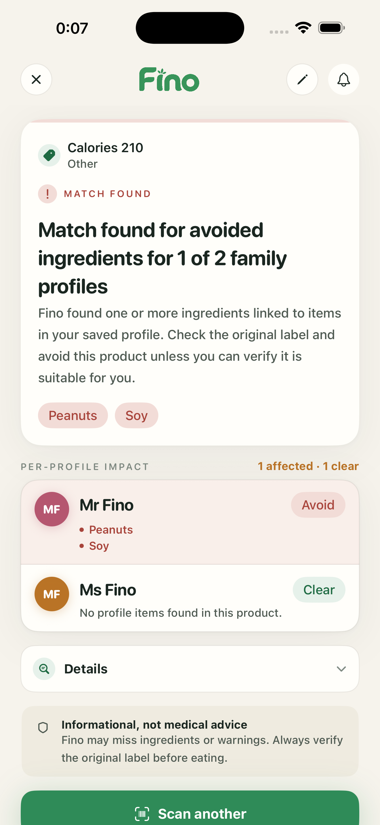 Fino app showing a Match found result with per-profile impact for two family members and a Scan another call to action
