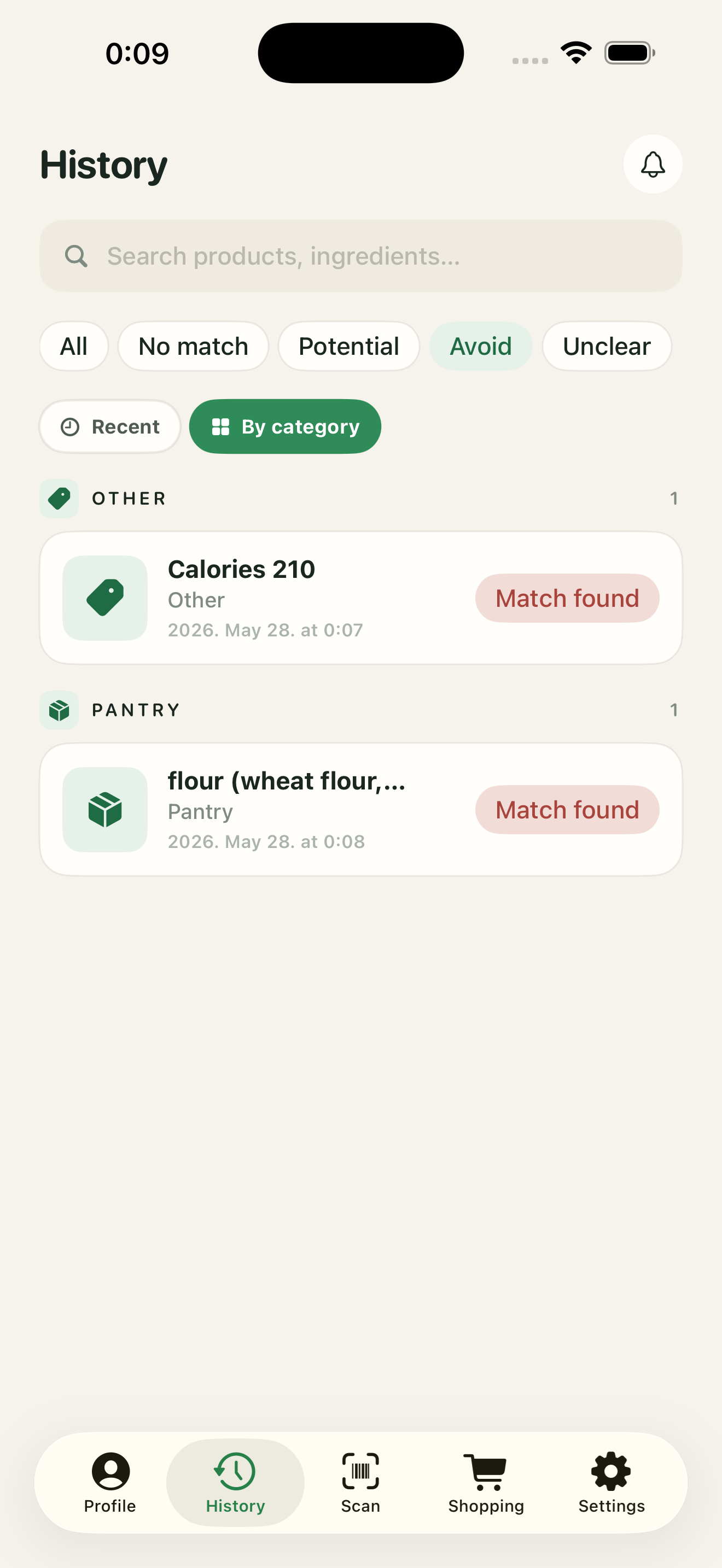 History screen with recent scans grouped by category, each showing a Match found pill