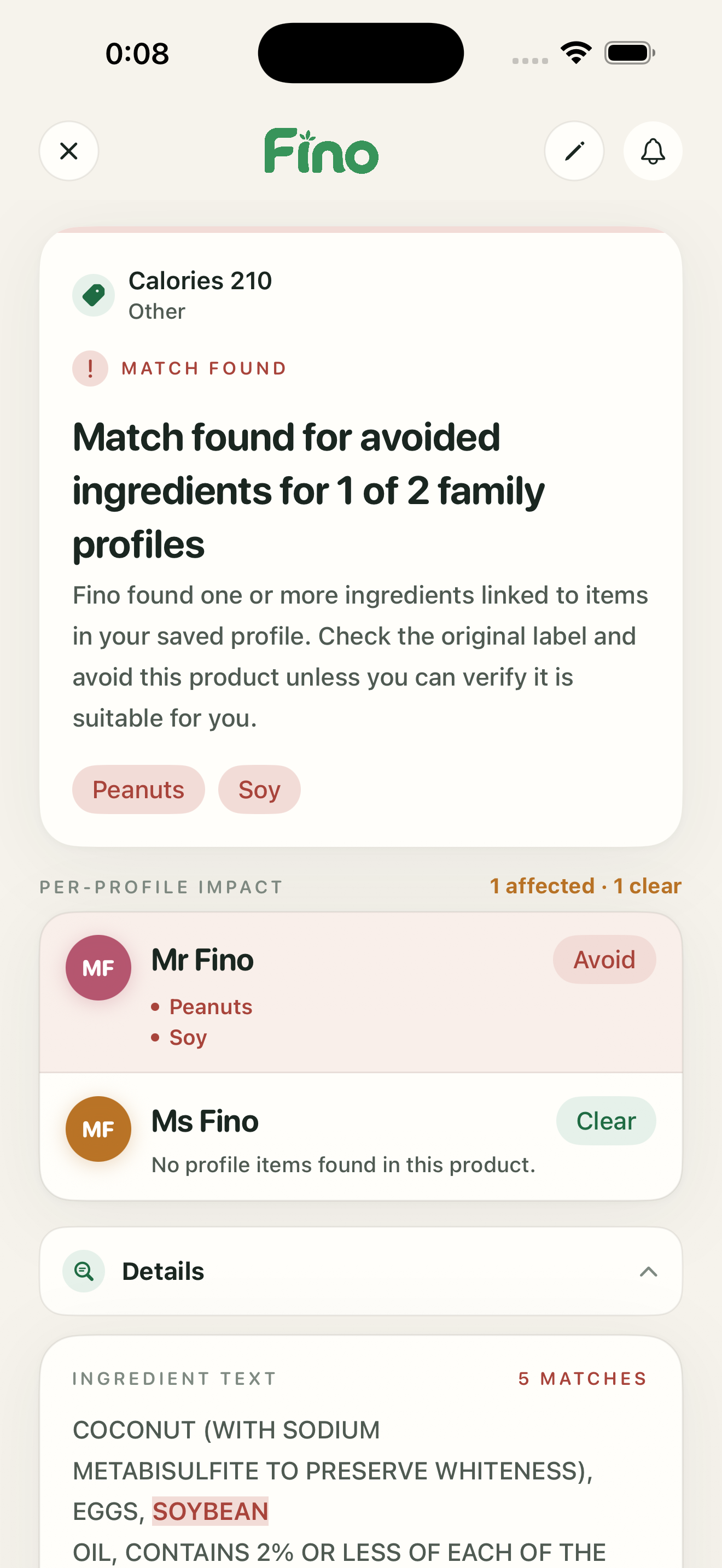 Result screen showing matched allergens, per-profile impact, and the full ingredient text with highlights